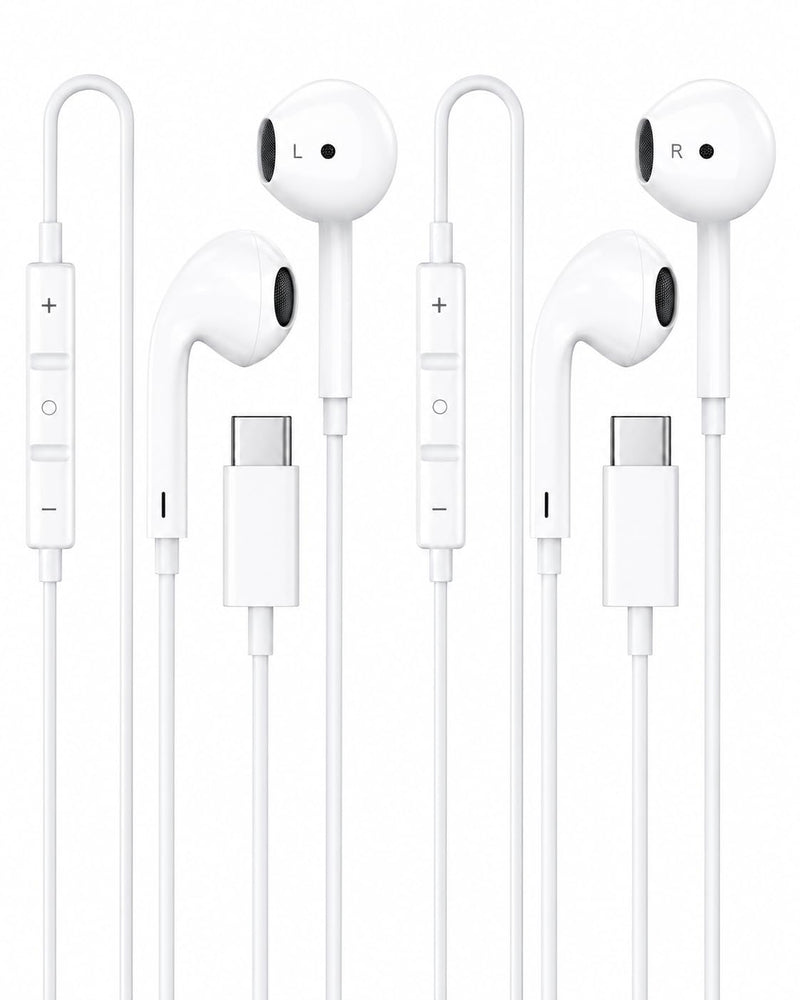 [MFi Certified]USB C Headphones for iPhone 17/16/15, 2 Pack Wired Earphones | Built-In Remote for Music, Calls and Volume Control; Compatible with iPhone 17/16/15, Galaxy and Pixel; 5-Year Warranty. C-white