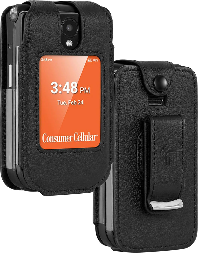 Fitted Series for Consumer Cellular Iris Easy Flip 2 Phone Case - Black | Vegan Leather, Form-Fit Cover, with Screen Protection, Keypad Guard, Rotating Metal Belt Clip, Also Fits SpeakEasy Flip 2026