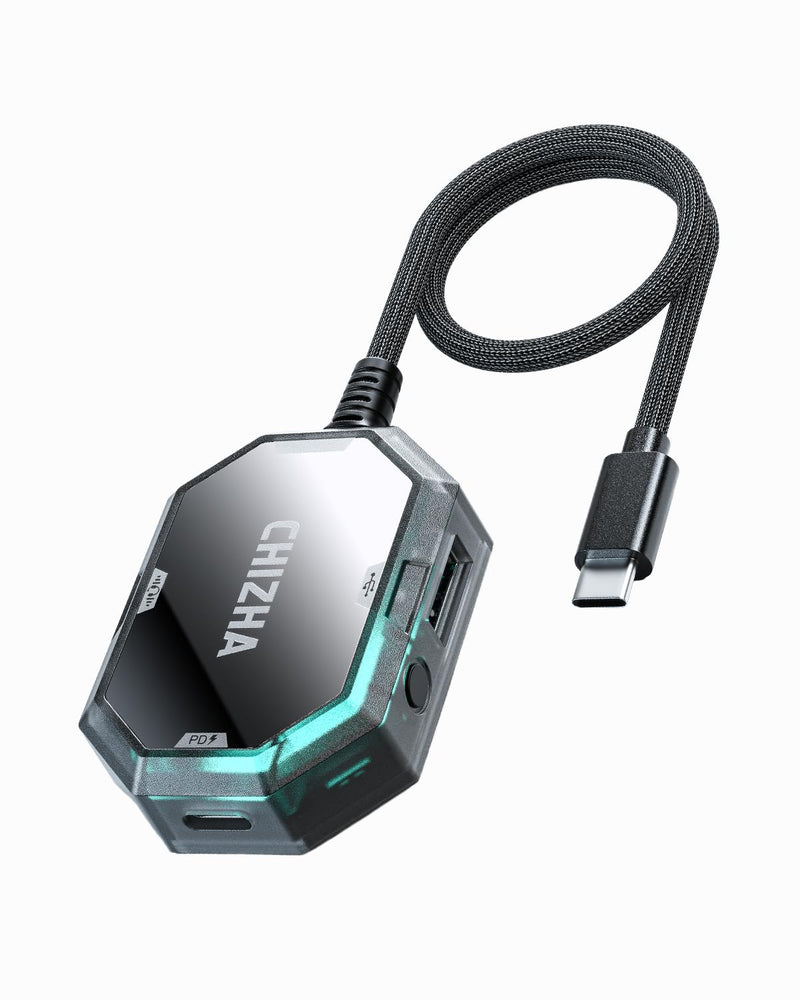 Chizha Gaming Audio Hub for USB-C Devices, Low-Latency Wired Gaming DAC Adapter with 3.5mm Headphone Jack, PD Fast Charging & RGB Lighting, Compatible with iPhone16/15, Android Phones, Steam Deck Straight
