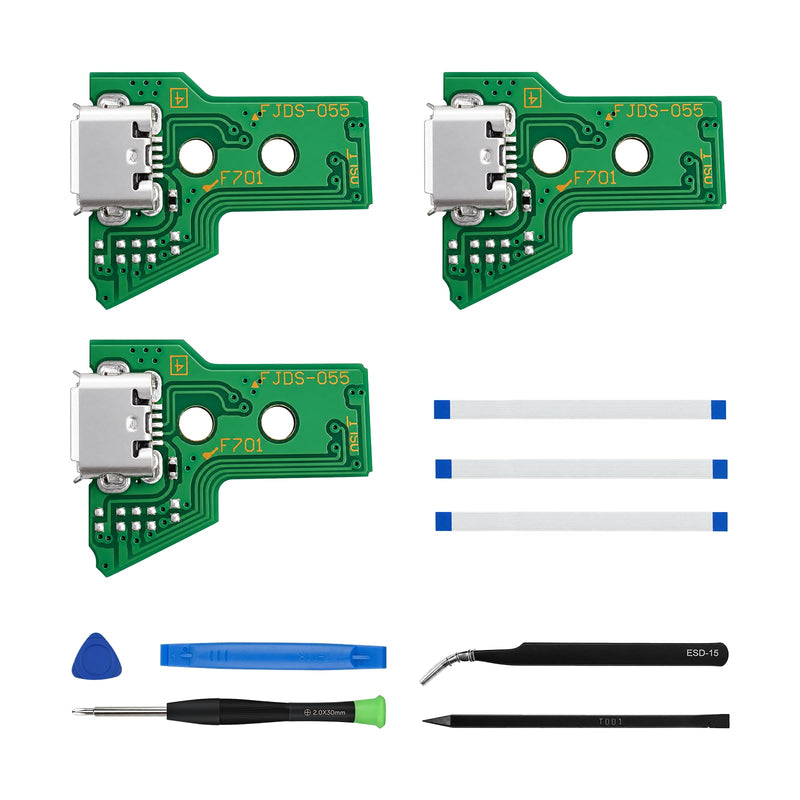 WCDZSU 3pack USB Charging Port and Cable for PS4 JDS-050 JDS-055 Controller | Micro USB C Port Power Supply Charger Socket Connector and Flex Cable for DualShock Interface Replacement with Tool Kit