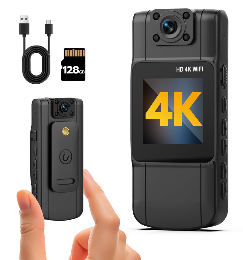 4K Body Camera with Audio and Video Recording, 128G Mini Wearable Body Cam | 180° Rotating Lens, Night Vision, 15Hrs Battery, Magnetic Clip Portable Cameras for Sports Travel and Police Law Enforcement