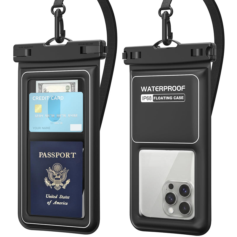 2Pack 8.5" IP68 Floating Waterproof Phone Pouch with Card Holder | Lanyard, Phone Dry Bag for iPhone 17 16 15 14 13 Pro Max, Galaxy S26 S25 S24 Ultra, Beach Cruise Travel Essentials Black