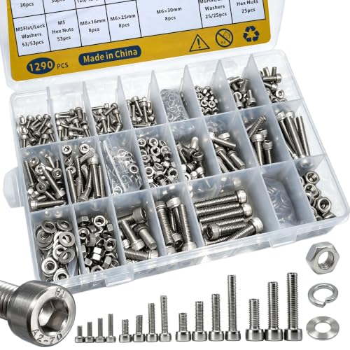 1290PCS M3 M4 M5 M6 Screws Assortment Kit 304 Stainless Steel Silver-1290PCS M3-M6 Socket Head