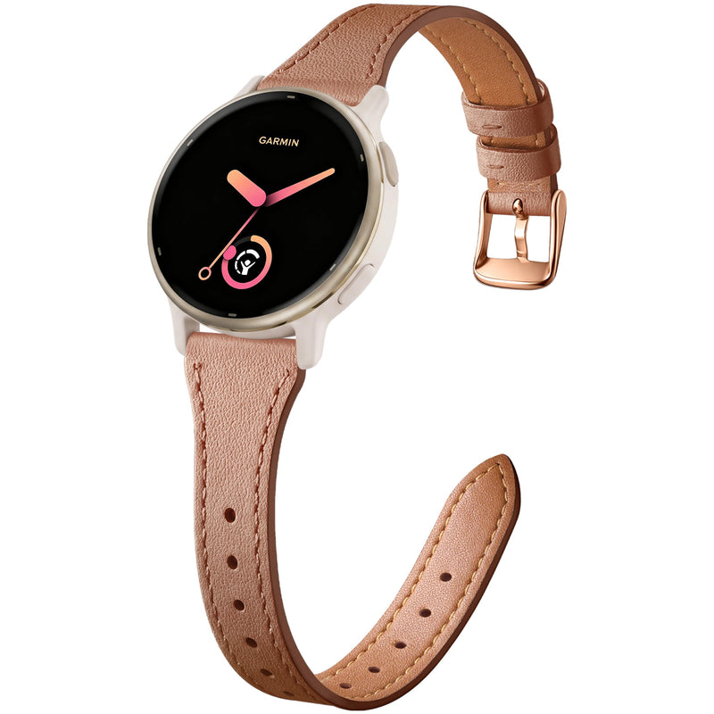 20mm Leather Watch Band Compatible with Garmin Vivoactive 5 Watch Bands, Vivoactive 6/3/Forerunner 165/55/245/645, Quick Release Genuine Slim Leather Strap for Venu Sq/Sq 2/Venu 2 Plus Women Brown 20mm