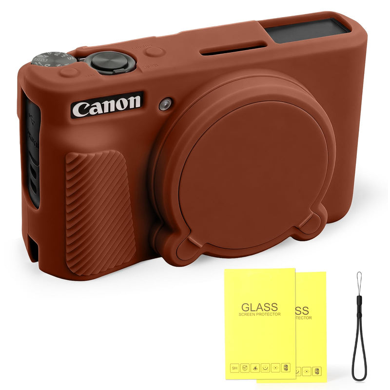 Silicone Camera Case for Canon PowerShot SX740 / SX730 HS Digital Camera, Soft Silicone Protective Case, Removable Lens Cover with 2 x Tempered Glass Protectors & 1 x Wrist Strap – Brown