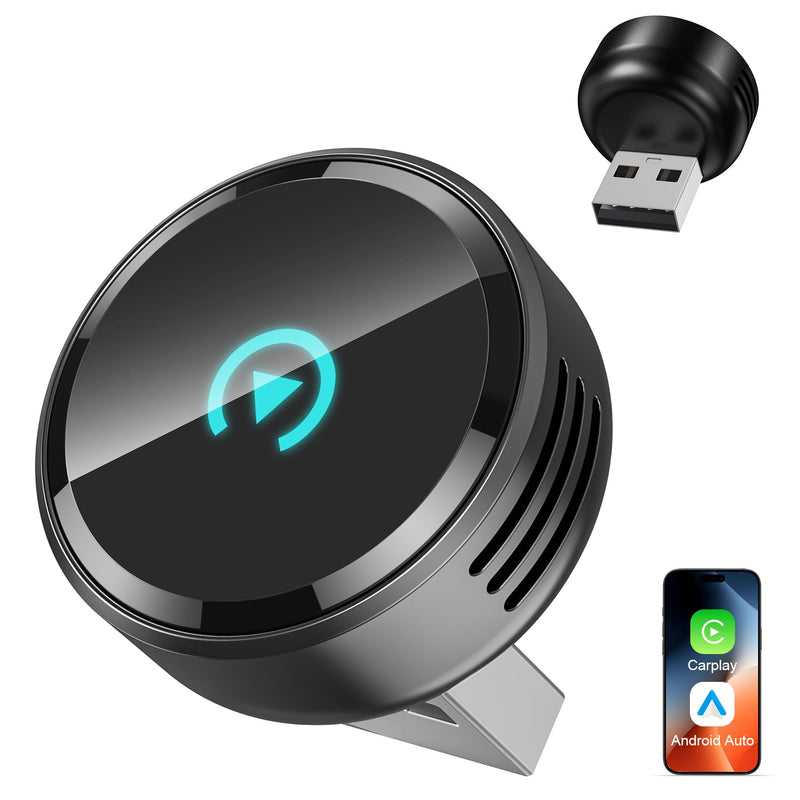 Ultra Mini Circular Wireless CarPlay & Android Auto Adapter, 3-5s Fast Auto Reconnect, Aluminum Alloy Vent Design, 2-in-1 CarPlay Wireless Adapter for iOS & Android with USB A/C Port Black
