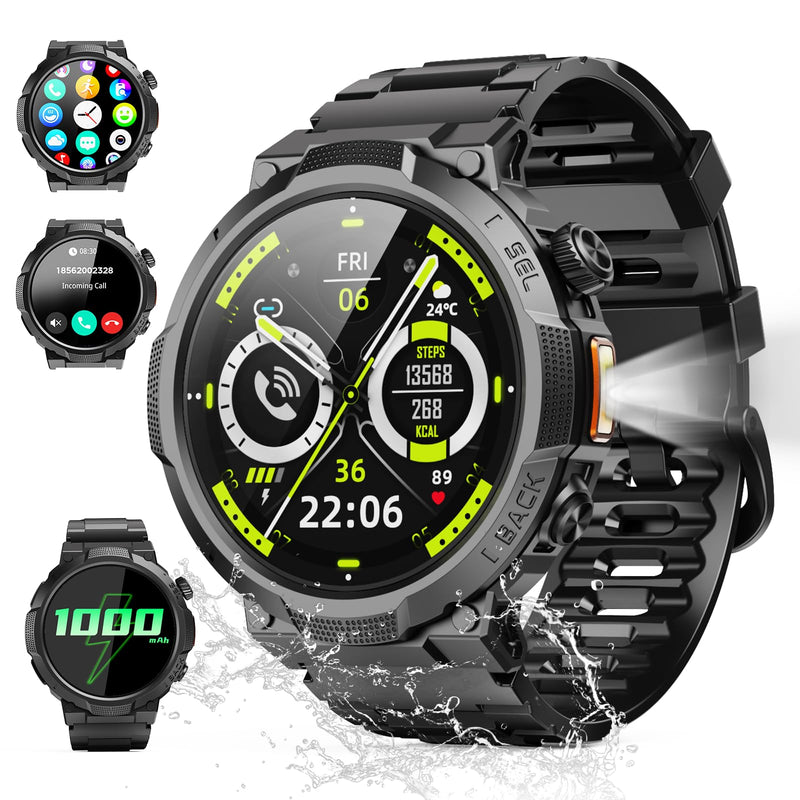 Soudorv Military Smart Watch for Men, 50+ Day Battery Life, Bluetooth Call | 1.53" HD, 110+ sports modes, heart rate/sleep monitor, IP68 waterproof, Fitness Watch with LED Flashlight for iOS/Android Black