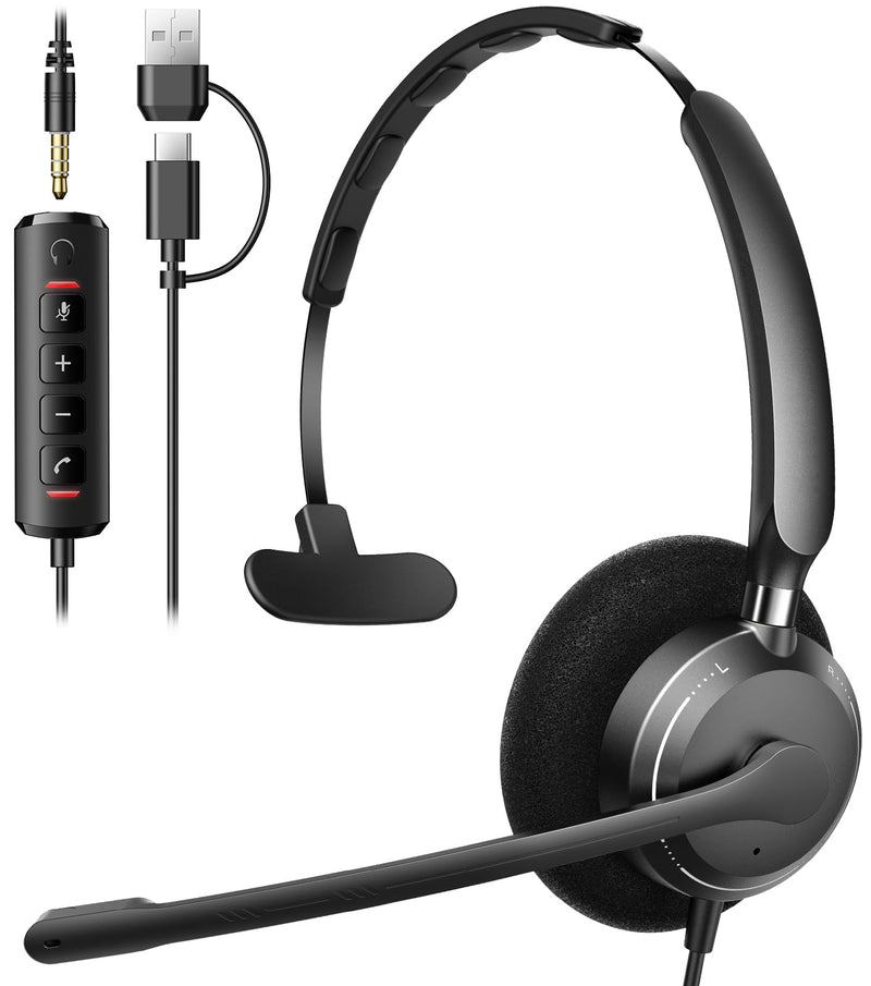 USB Headset with Microphone for PC, Computer Headset with Microphone | Wired Headset with Mic for Work Laptop Call Center, Works with Teams, Zoom & Google Meet Deep Black