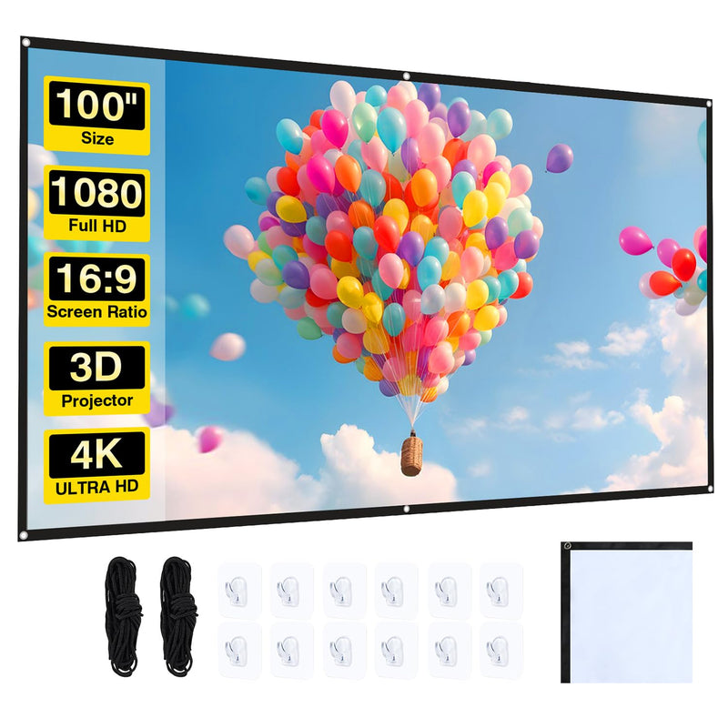 100 inch Projector Screen 16:9 4K HD 160° Portable Projector Screen Indoor Outdoor Movie Screens Washable Foldable Projection Screens for Home Theater,Supports Both Font and Rear Projection