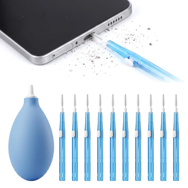 10Pcs Cell Phone Charging Port Cleaner with 1 Air Blower,Phone Cleaning Kit | Dual Sided Anti Clogging Nylon Brushes, Anti-Clogging Dust Remover for Clean Phone Charging Port, Speaker, Other Electronics