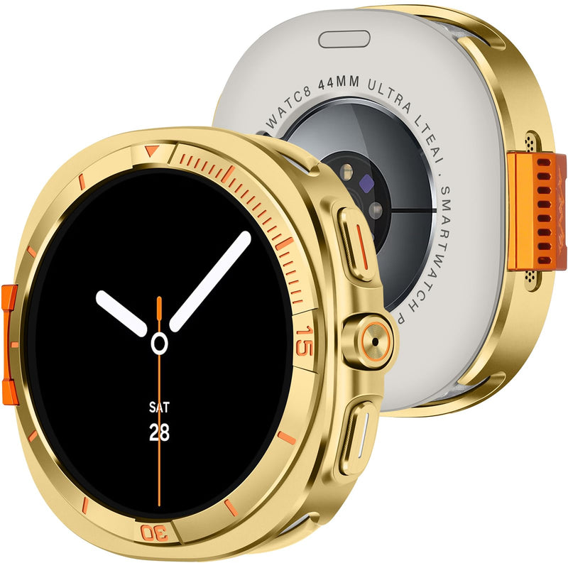 Amizee Rugged Metal Case for Galaxy Watch 9/8 44mm, Gold/Orange | Case Compatible with Samsung Galaxy Watch 44mm with Back Cover, Protective Bumper Cover for Watch 9/8