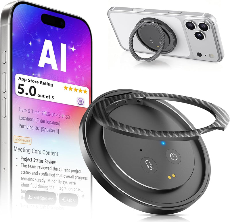 AI Voice Recorder in a Magnetic Phone Stand, AI Meeting Assistant | Portable Smart Digital Note Taker Device, 100+ Languages Real-Time transcriber, Summarize, Lectures, Meetings, Interviews