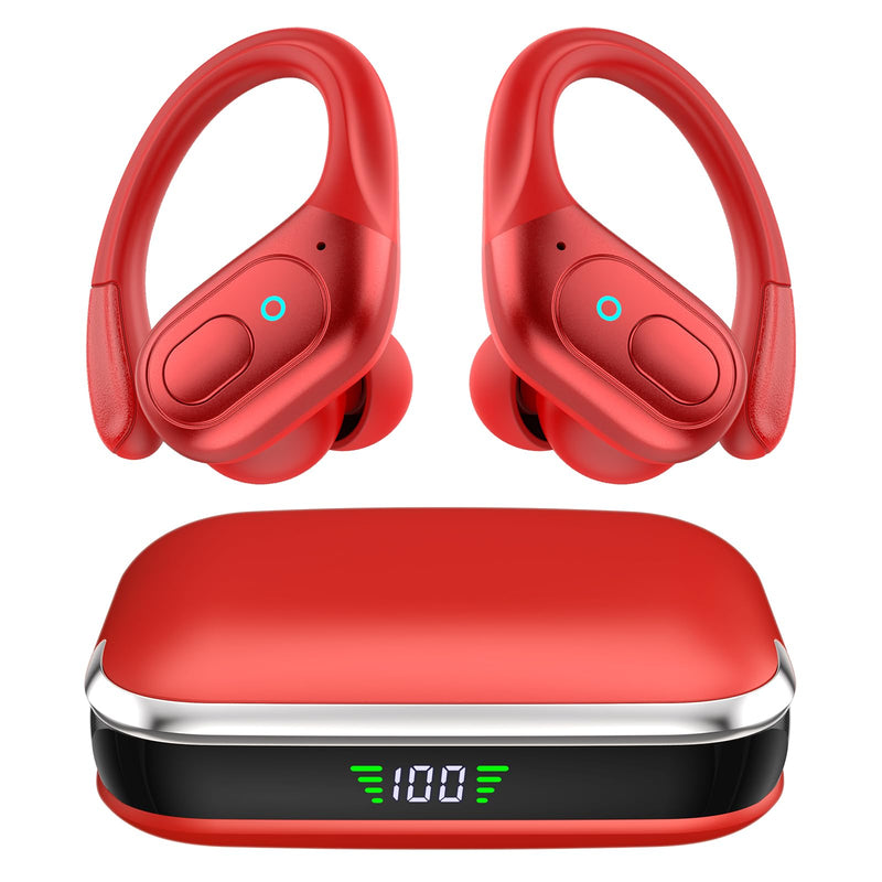 sajawass Wireless Earbuds Headphones Bluetooth 5.4, Noise Canceling Ear Buds with 75hr Playtime, IPX7 Waterproof Earphones Over-Ear Earphones for Sports/Workouts, LED Power Display - Red