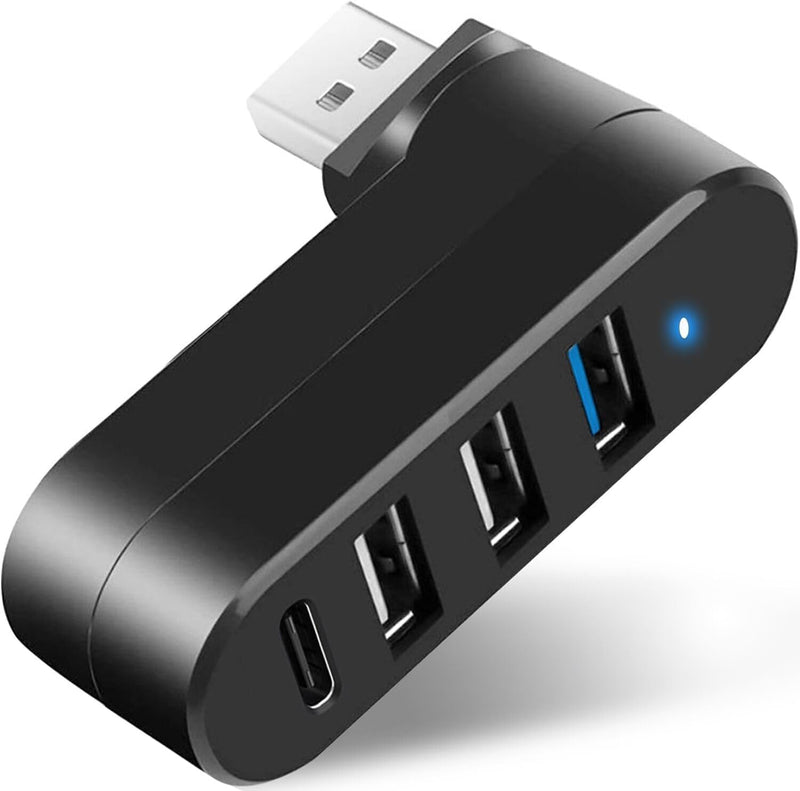 4-Port USB 3.0 Hub [90°/180° Degree Rotatable] | USB Splitter with PD-in 5W USB C Port, USB Extender for Laptop, Car, iMac, MacBook Air, MacBook Pro, and More