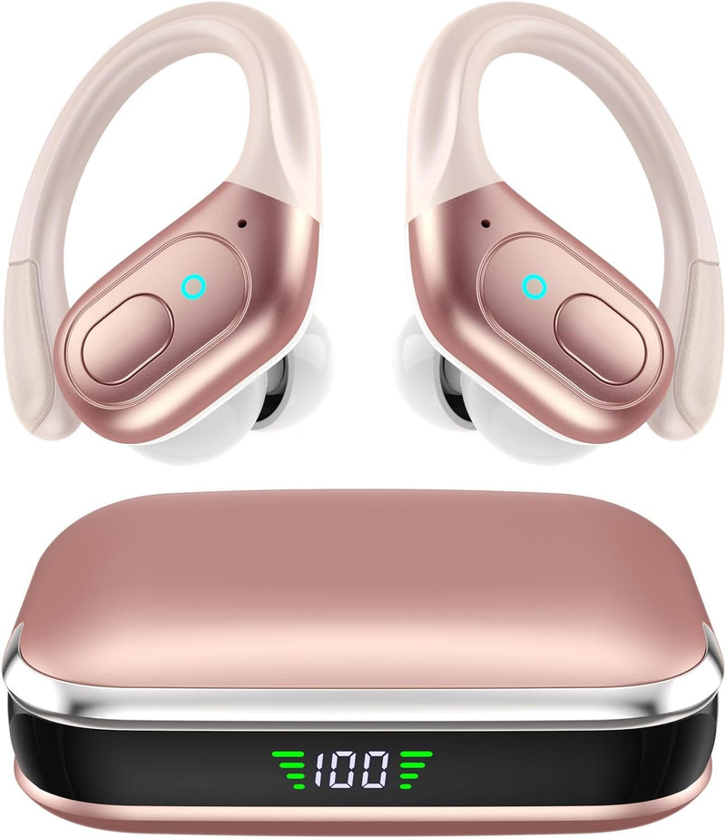 sajawass Wireless Earbuds Bluetooth 5.4 Headphones, IPX7 Waterproof Earphones, Over-Ear Earphones, Noise Canceling Ear Buds with 75hr Playtime, LED Power Display for Sports/Workouts - Rose Gold