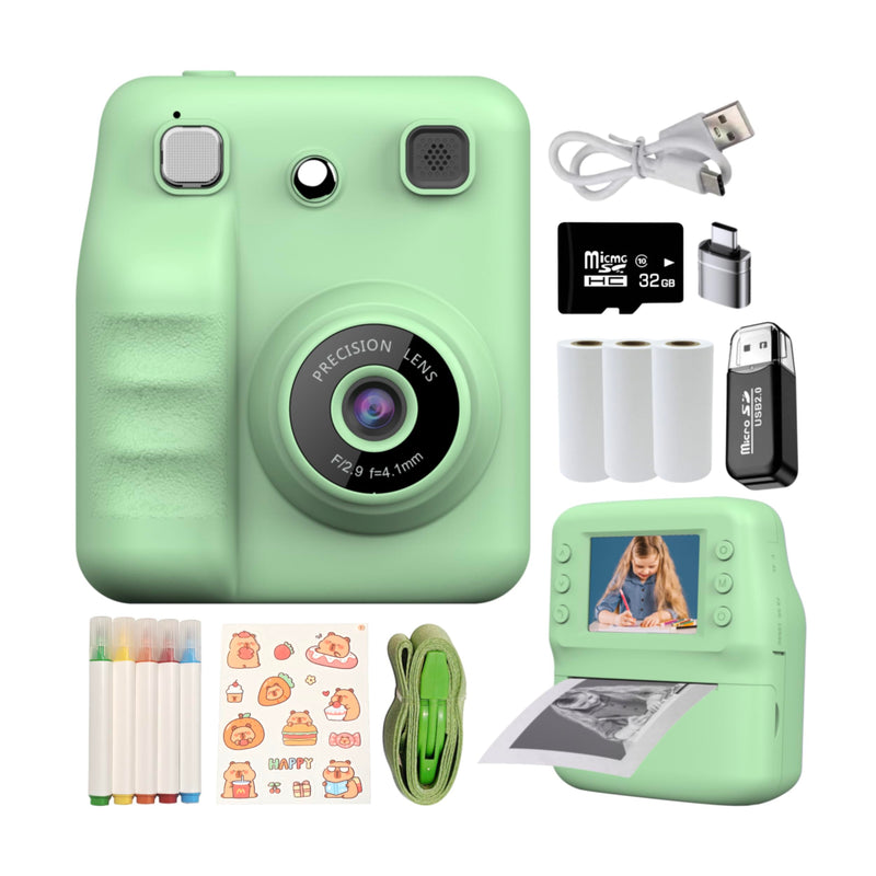 Kids Instant Print Camera for Girls Boys Christmas Birthday Gift (Green) | Digital Camera with 1080p Videos, Print Paper and 32GB Card, Portable Travel Cameras Toy for 3, 4, 5-12 Year Old Girls Boy Green
