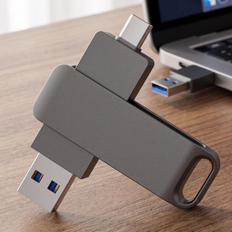 64GB Dual Interface USB 3.0 & Type-C Flash Drive 360°Rotating Zinc Alloy Metal OTG Memory Stick for Phone & PC-Gray Gray 64G