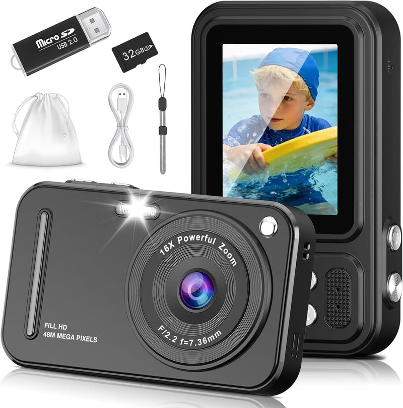 Digital Camera for Kids, 48MP FHD 1080P Point and Shoot Digital Cameras with 16X Zoom Anti-Shake, Compact Portable Cameras for Photography, for Boys Girls Teens Beginners glossy black