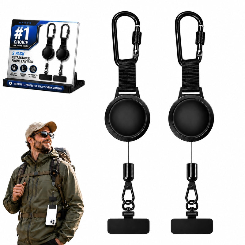 2 Pack Phone Lanyard Theft Strap Tether Generic Pickpocket Accessories Retractable Proof Tab Clip Chain Holder Cable Lock Cellphone Wrist Hiking Fishing Carabiner Travel Backpack Trail Ski Belt Black