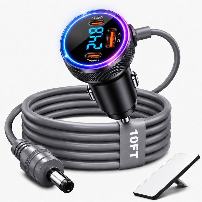 4-in-1 Starlink Mini Car Adapter, 10FT Starlink Mini Power Cable | 12V-24V cigarette lighter adapter with voltage display, dual 45W USB-C PD and 35W USB-A ports for cars, trucks and RVs Black