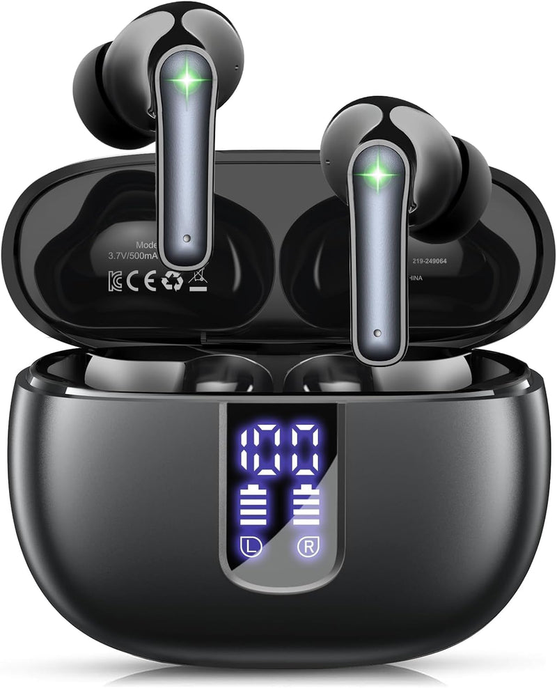 Wireless Earbuds Bluetooth 5.4 Headphones with 48H Playtime Ear Buds | Noise Cancelling Mic, LED Power Display Charging Case, IPX7 Waterproof Bass Stereo Earphones for iPhone Android Phone/Laptop Black