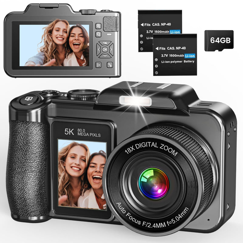 Digital Camera, 5K 80MP 3.5"+2" Dual Screen Cameras for Photography Autofocus, 18X Digital Zoom Vlogging Camera for YouTube, Travel, Beginners, Include 64GB Card and 2 Batteries, Black