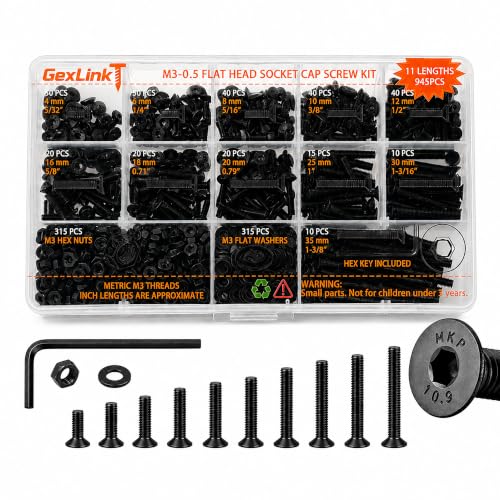 M3 Flat Head Socket Screw Assortment Kit, 11 Lengths M3 Countersunk Machine Screws with Hex Nuts, Flat Washers and Allen Key, Black Zinc-Plated, 945PCS