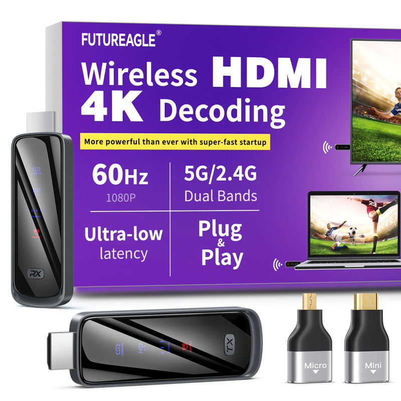 2026 Upgraded Futureagle Wireless HDMI Transmitter and Receiver 328FT/100M, Plug & Play Portable 5G+2.4G Remote Control Extenders for Video and Audio to Monitor from PC/Projector Gunmetal