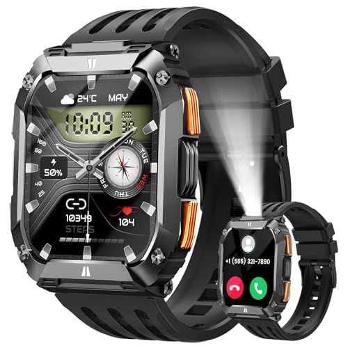 FOSMET 1.95'' Smart Watches for Men(Flashlight&100 Days Battery Life) | Waterproof Military Fitness Smart Watch with Call/Sleep/SpO2/Heart Rate/Step Tracker, 100+Sport Smartwatch for Android iPhone Black 1.95"