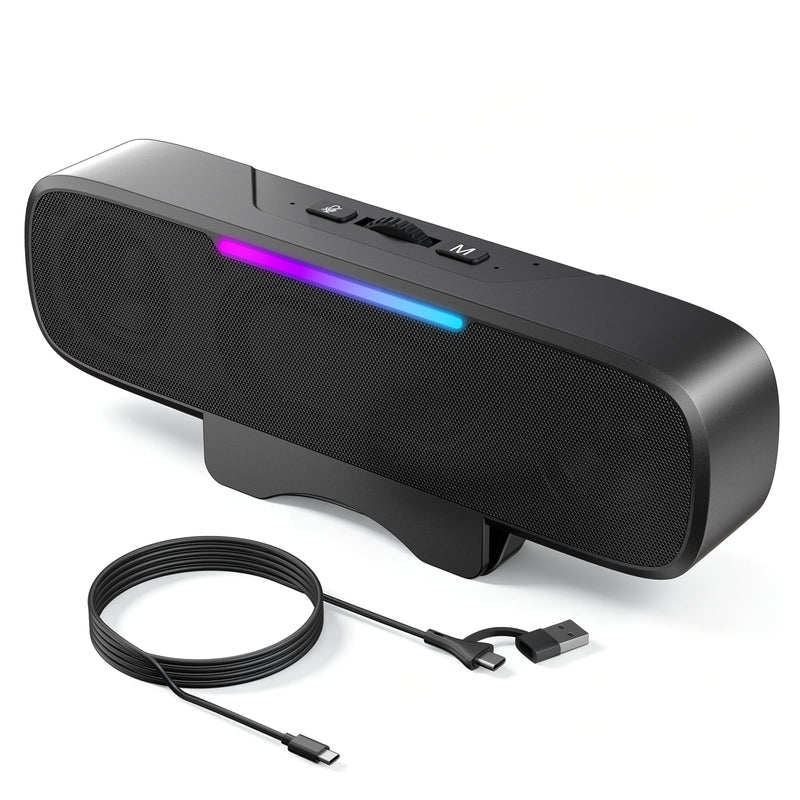OHAYO Computer Speakers for Desktop PC Monitor, USB Plug-in Laptop Speaker Bar with G-Sensor, BT 6.0, Loud Sound with Deep Bass, RGB Light, Easy Clip-on Design, Volume Knob, USB-C Adapter (Black) Black