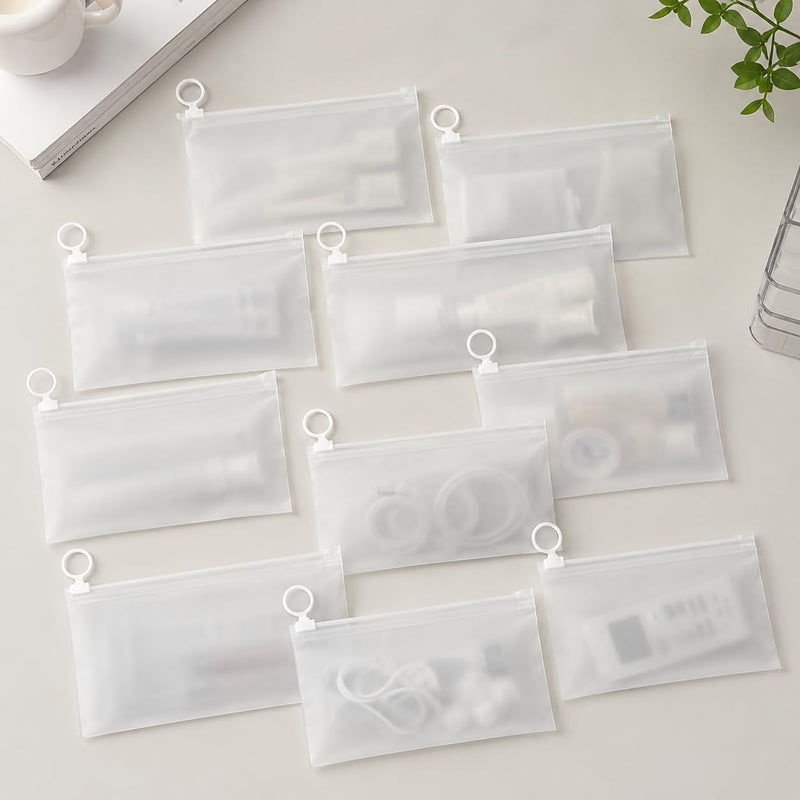 10 Pack Waterproof Clear Pouches, 11" x 7.1" Matte Storage Organizer, Zipper Plastic Bags for Office Supplies Makeup Cable Electronics for Travel Home Organizing, White Large