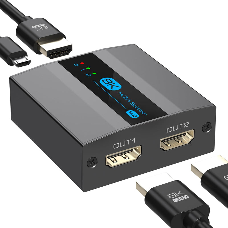 8K HDMI Splitter 1 in 2 Out 4k 120Hz HDMI 2.1 Splitter for Dual Monitors Support EDID Management HDCP 2.3 HDR 10 for Laptops PCs TV Boxes DVD Players PS5/PS4/PS3 black