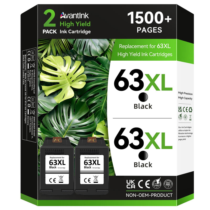 63xl Black Ink Cartridge Compatible for HP 63 Black Ink Cartridge Work for OfficeJet 3830 5255 4650 5258 5200 4655 4652 5212 Envy 4520 4512 DeskJet 1112 3630 2130 3632 (2 Black)