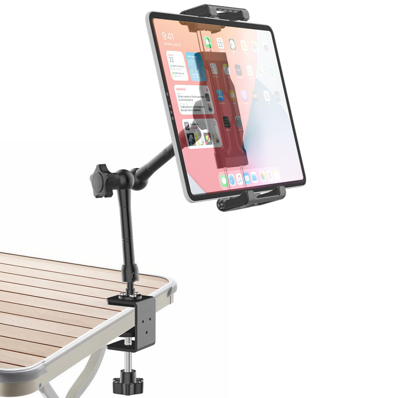 Camping Tablet Holder, Adjustable Clip-on Stand for RV & Picnic | C-clamp fits 2.36" surfaces, 360° rotatable, tool-free installation, compatible with 6–15.6" phones & tablets