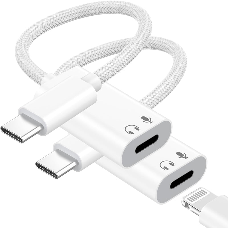 2 Pack USB C to Lightning Headphone Audio Adapter, Apple Type C Headphones | Male to Female Lightning Earphone Headphones Converter with Charge Data Transfer, for iPhone 17/16/15 Plus/Pro,iPad,MacBook White