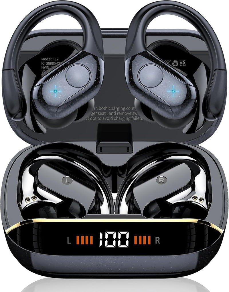 75H Sports Wireless Earbuds Bluetooth 5.4 Headphones Stereo Deep Bass,Black | Over Ear Buds with Earhooks, LED Display Bluetooth Earbuds with 4 ENC Mic, IP7 Waterproof Earphone for Running Black