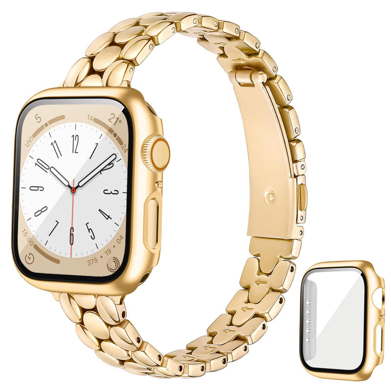 Melyis Slim Metal Band with Case Fits Apple Watch Bands for Women 42mm | Thin Stainless Steel iWatch Bands for Women, Dressy Band for Apple Watch with Screen Protector Series SE 9 8 7, Gold 42mm-Series 11 10