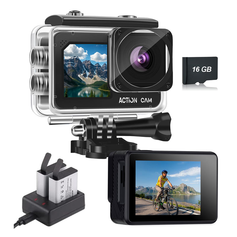 Dual Screen Action Camera, 1080P 16MP Waterproof Camera, Black | 40M Underwater Camera, with 2x1050mAh Batteries, 16GB Card & Full Accessories for Helmet, Bicycle,etc. 16.0 GB