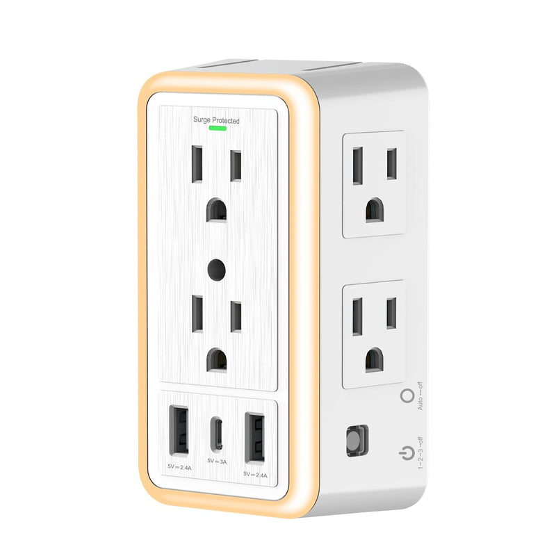 6-Outlet Surge Protector with 3 USB Ports & Night Light, 1500J Wall Outlet for Home Office