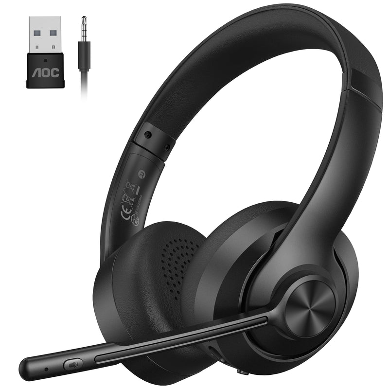 AOC Wireless Headset with Mic for Work, Bluetooth 5.4 Computer Headphones. | with USB-A Dongle, Clear Call Mic, 30H Battery, One-Touch Mute, Great for PC, Laptop, Home Office, Zoom, Phones - Black