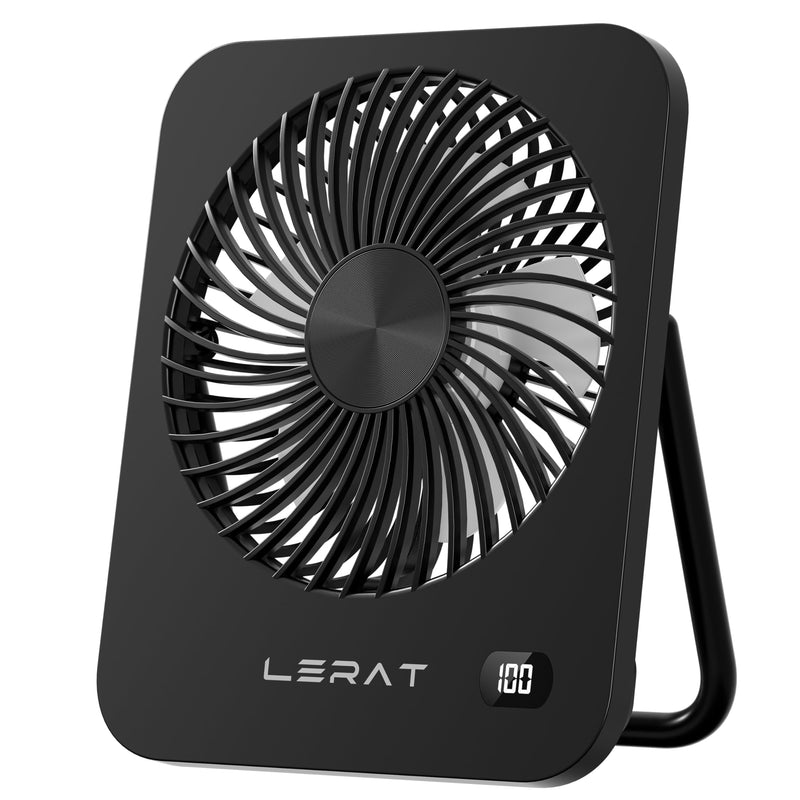 Lerat Portable Desk Fan, Small USB Rechargeable Fan with LED Display, 5-Speed Ultra-Quiet 180° Foldable Mini Fan for Summer Cruise Travel, Cooling Gifts for Women Girls Kids (Black) Black