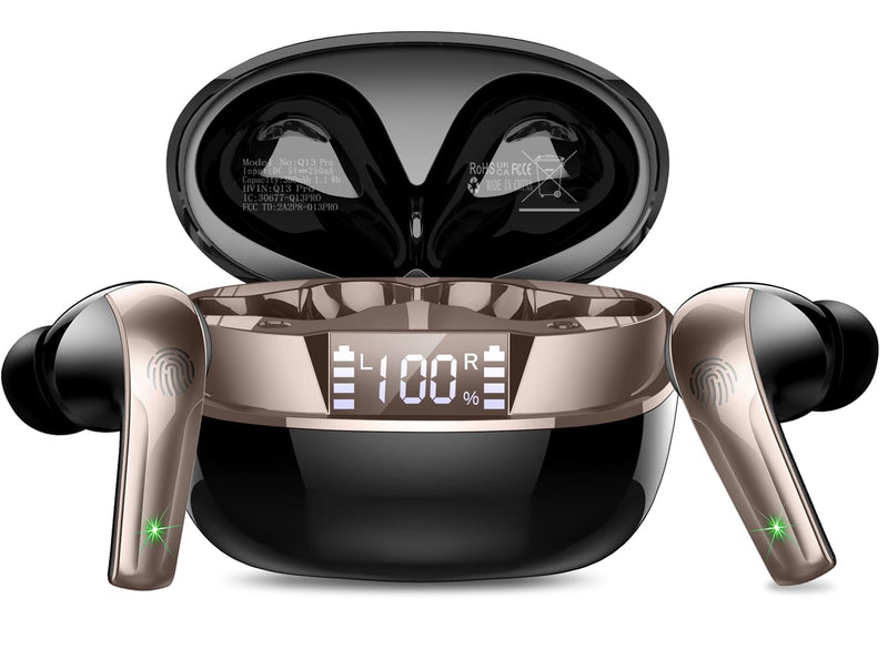 Wireless Earbuds Stereo Sound in Ear Headphones, 47H Playtime, LED Display | Noise Cancelling EarBuds Deep Bass with 4 Mic ENC Clear Calls, Bluetooth 5.4 Headphones, Touch Control, IP7 Waterproof Black Gold