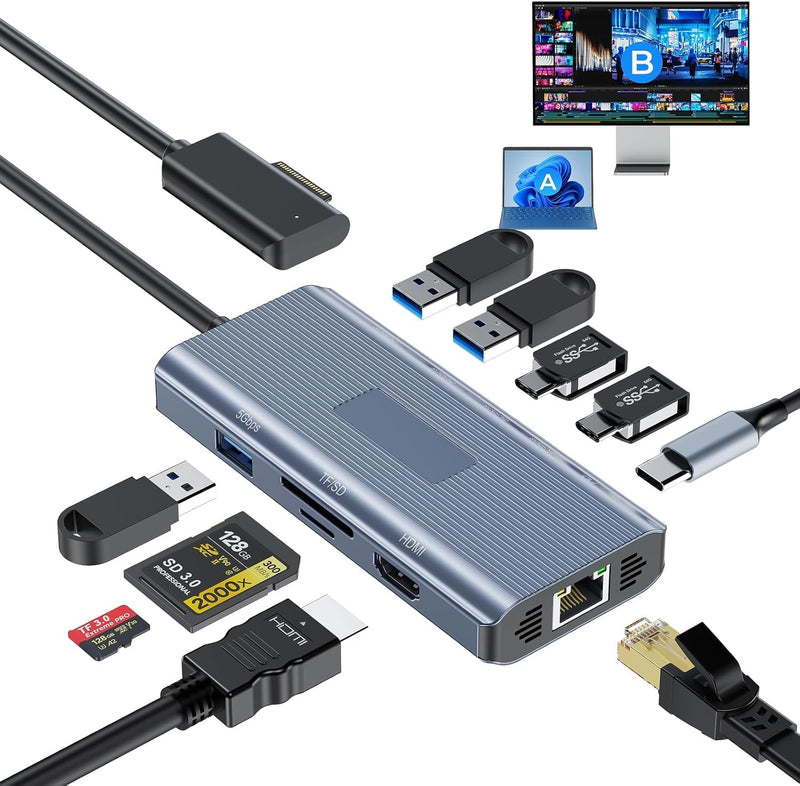 2026 New MS Surface Dock, 11-in-1 Surface Docking Station 4K@60HZ HDMI, Surface Travel Hub for Surface Pro 11/10/9/8/X/7/6/5/4/3, Surface Laptop 6/5/4/3/2/1, Laptop Go 3/2/1, Surface Book mocha