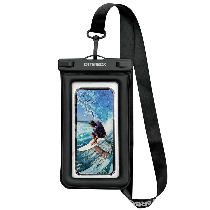 OtterBox Waterproof Universal Phone Pouch - IPX8 Submersible Dry Bag with Heavy-Duty Clip and Lanyard, Clear PVC Touch-Screen Sleeve for Beach, Travel, Boating & Pool - Black 1 Pack
