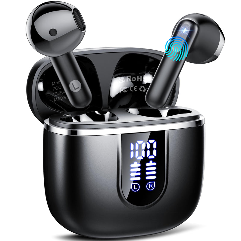 Wireless Earbuds, Bluetooth 5.4 Headphones with 3D Bass Stereo Sound, 40H In-Ear Buds with 6 ENC Noise Cancelling Mic, Ultralight Bluetooth Earbuds USB-C LED, IP7 Waterproof Earphones for Android iOS Black
