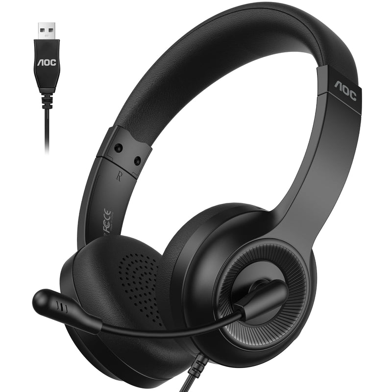 AOC USB Headset with Microphone for PC, On-Ear Wired Headphones with Mic | with Noise-Cancelling, 40mm Audio Drivers, USB-A Computer Headset for Office, Teams, Call Centers & Online Meetings (Black) Black