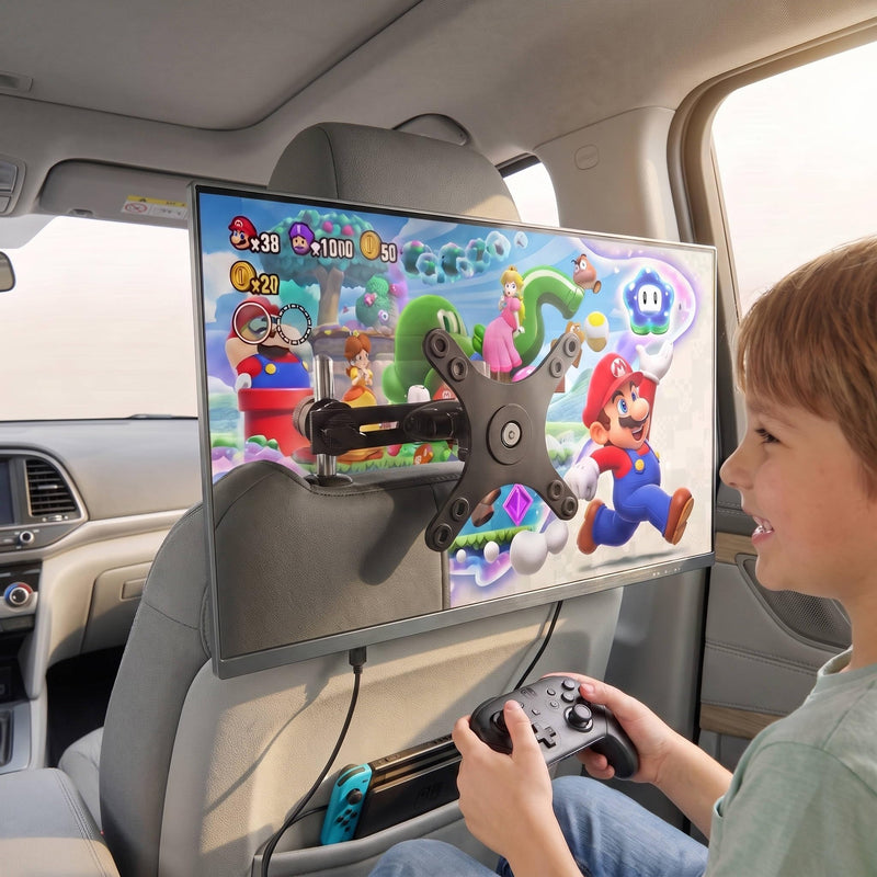 Heavy Duty Metal Car Headrest Monitor VESA Mount, Universal Car Headrest Mount for 15.6‘’ Portable Monitor, Adjustable Backseat Gaming Holder for 10–27 Inch Screen, Stable Road Trip Stand for Kids