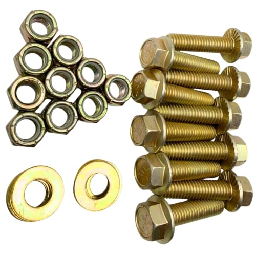 3/8"-16 x 1-1/2" Grade 8 Hex Serrated Flange Bolts Qty 10 with Washers and Nylon Lock Nuts | SAE J429 High-Strength Coarse Thread Fasteners for OEM, MRO & Industrial Use 1.50" Yellow Zinc Plated Bolts, Washers, Nuts