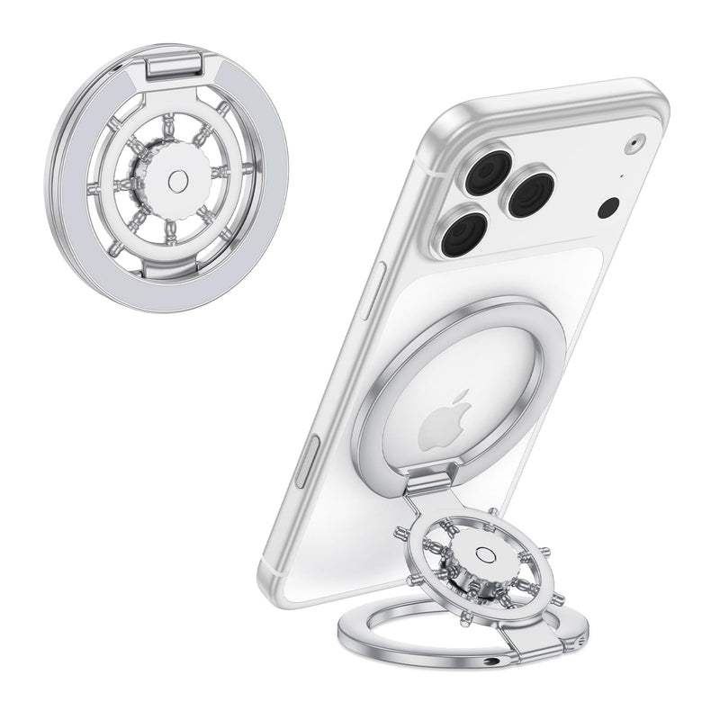 Magnetic Phone Stand Fidget Spinner Ring Grip Holder for iPhone 17 Pro Max | Dual-Sided Magnetic Gym Phone Kickstand for iPhone 17/16/15/14/13/12/Samsung/Stress Relief/2in1 Foldable Stand for Car Mount Silver