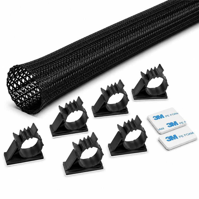 Cord Protector Cable Sleeve (10ft) with Adhesive Cable Holders, Expandable Cord Organizer & Wire Management Sleeve for TV, Computer, Home Office & Gaming Desk